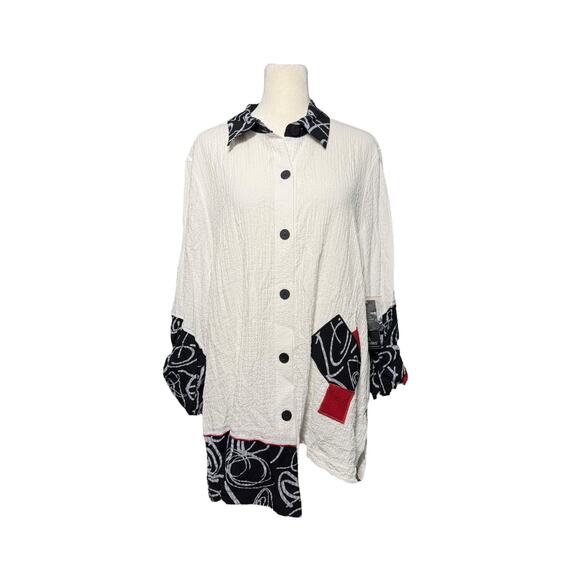 Ali Miles Blouse‎ Women Large White Artsy Funky 80s Crinkle Lagenlook Flowy New - Picture 1 of 12